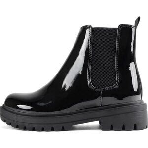 Women Black Patent Lug Sole Low Chunky Heel Chelsea Double Elastic Ankle Booties
